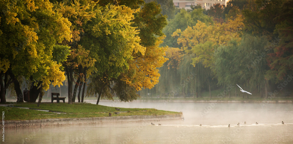 Park at sunrise with beautiful autumn colors and lake in background