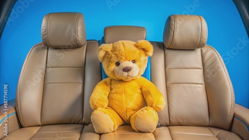 Adorable plush brown teddy bear sitting in the back seat of a sleek black luxury sedan, surrounded by soft cushions and elegant interior design. photo