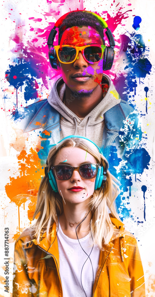 Colorful illustration of happy young people with sunglasses and headphones. Abstract paint splash art effect. White background.