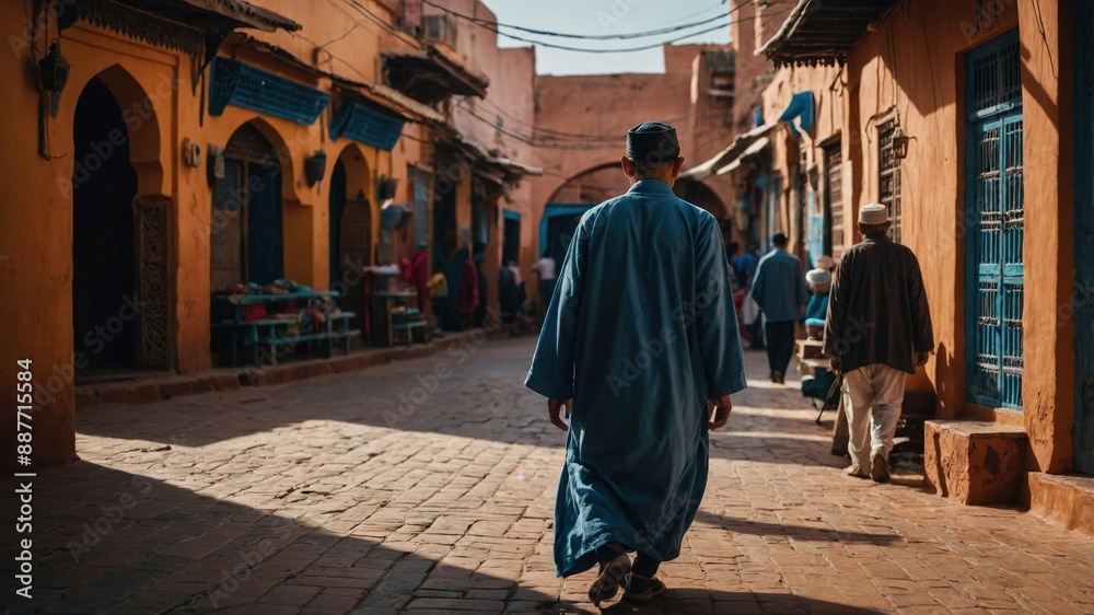 Naklejka premium A man in traditional attire walks through a narrow Middle Eastern street lined with shops and historic buildings.