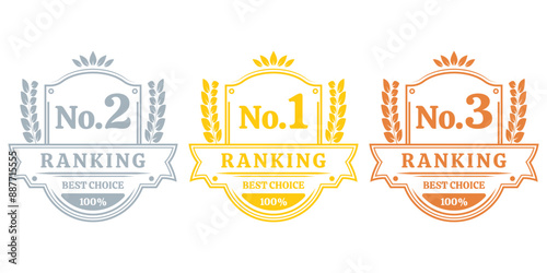 Ranking set with No. 1 rank icon. First, second and third place emblem with laurel wreath. Number 1, 2, 3 Best choice label or badges. Vector illustration.