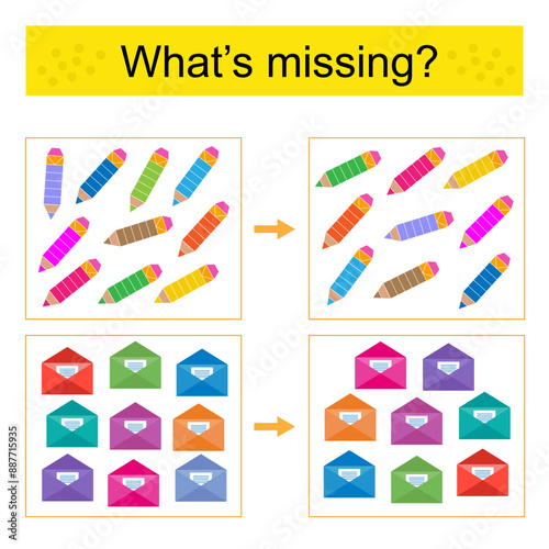 Puzzle game for kids. Task for the development of attention and logic. Find the missing pencil and envelope.