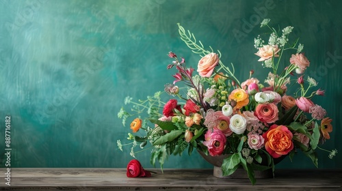 Elegant floral arrangement on a wooden table with a green background © savittree