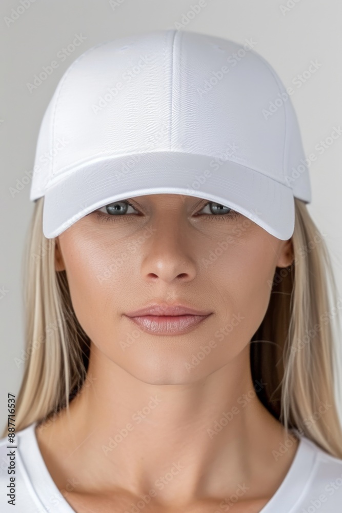 Confident Young Woman Wearing a Stylish White Cap and Casual T-Shirt Confident Young Woman Wearing a Stylish White Cap and Casual T-Shirt