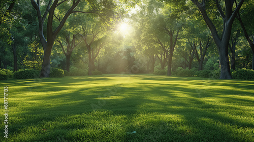 Sunlit grassy clearing surrounded by tall trees, with sunlight streaming through the canopy, creating a serene and inviting scene.