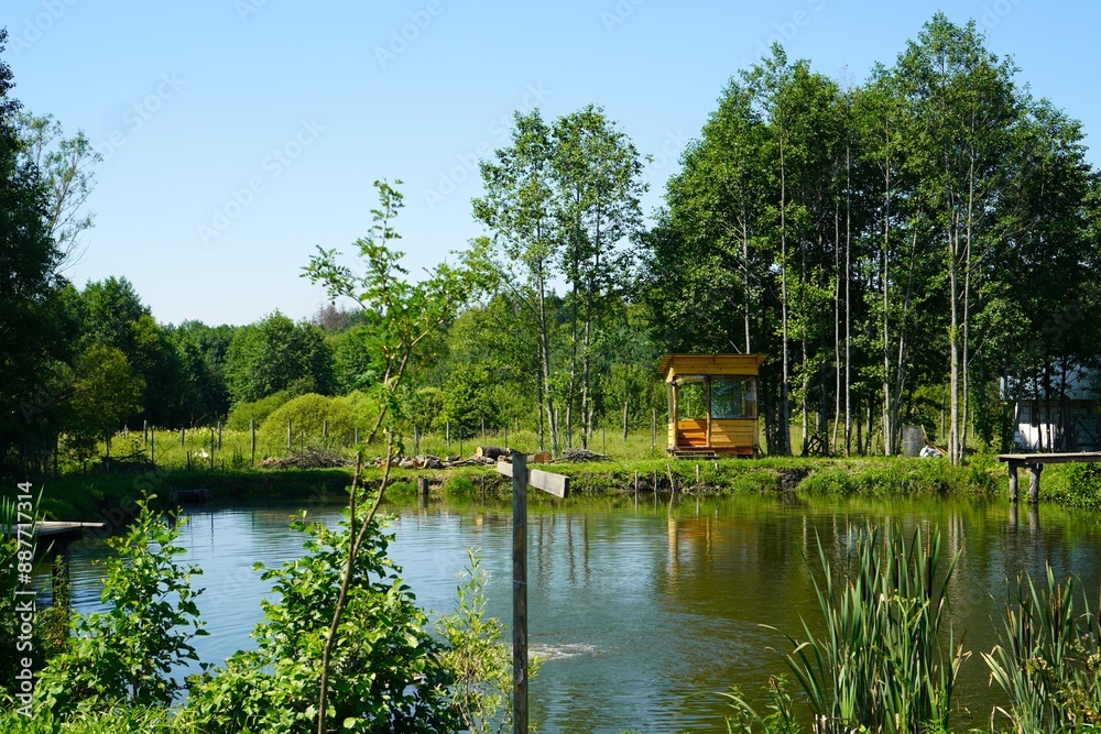 view of the lakes for growing carp fish against the background of the shore with green grass and wooden houses for fishermen on a family farm in summer while traveling in Europe view of the lakes for growing carp fish against the background of the shore with green grass and wooden houses for fishermen on a family farm in summer while traveling in Europe