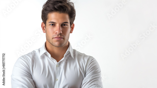 Young man in a white shirt poses confidently against a plain background, exuding a modern and clean-cut look.