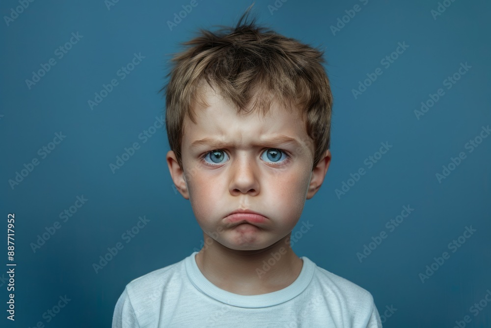 Mad child, angry little kid standing and looking at the camera with upset face expression. Unhappy toddler, annoyed and frustrated emotion, little boy Mad child, angry little kid standing and looking at the camera with upset face expression. Unhappy toddler, annoyed and frustrated emotion, little boy