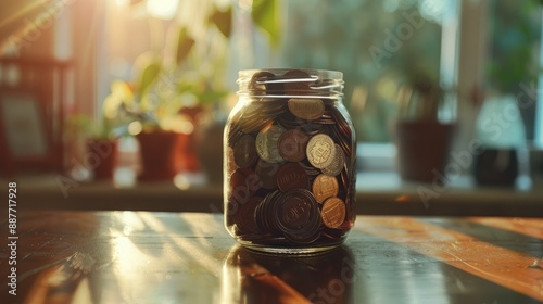 Jar filled with coins sitting on a table, symbolizing accumulated savings