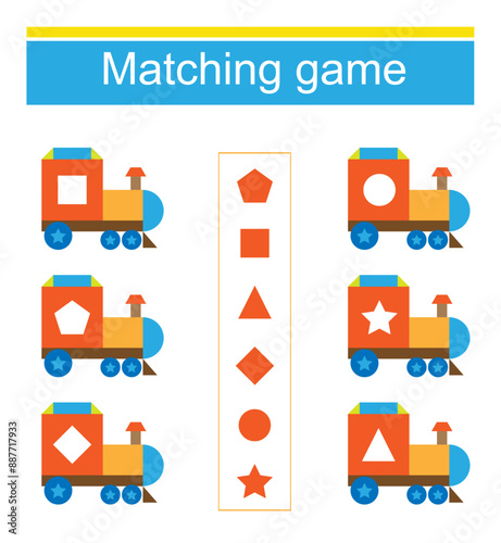 Matching game. Task for the development of attention and logic. Vector illustration of the cartoon locomotive.