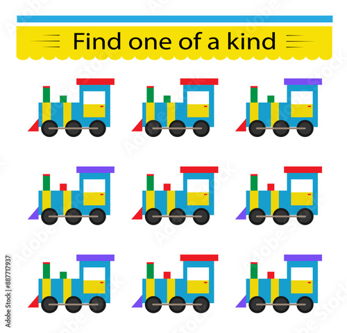 Fun education game for kids. Need to find one of a kind locomotive. Kids activity page.