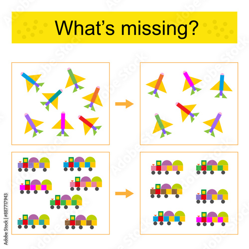 Puzzle game for kids. Task for the development of attention and logic. Find the missing train and airplane.