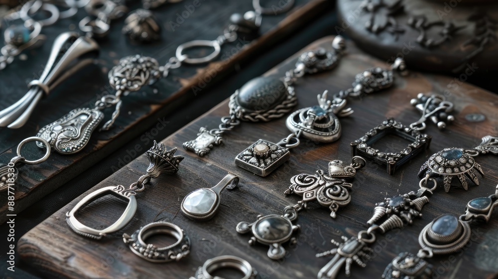 Mixed silver jewelry with detailed craftsmanship displayed together Mixed silver jewelry with detailed craftsmanship displayed together