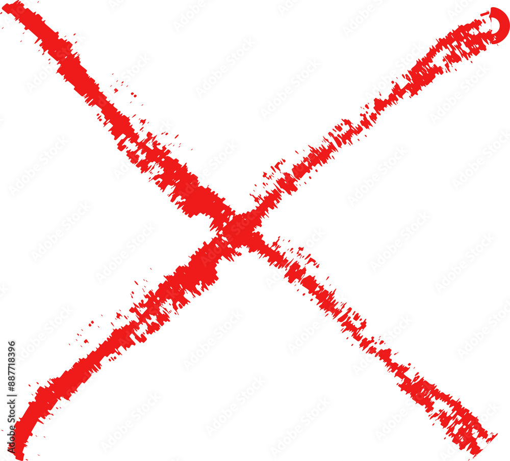 Red cross mark. Paint brushed crayon symbol of check. Hand drawn grunge sign of check, stamp of false and ban. Danger graffiti graphic logo