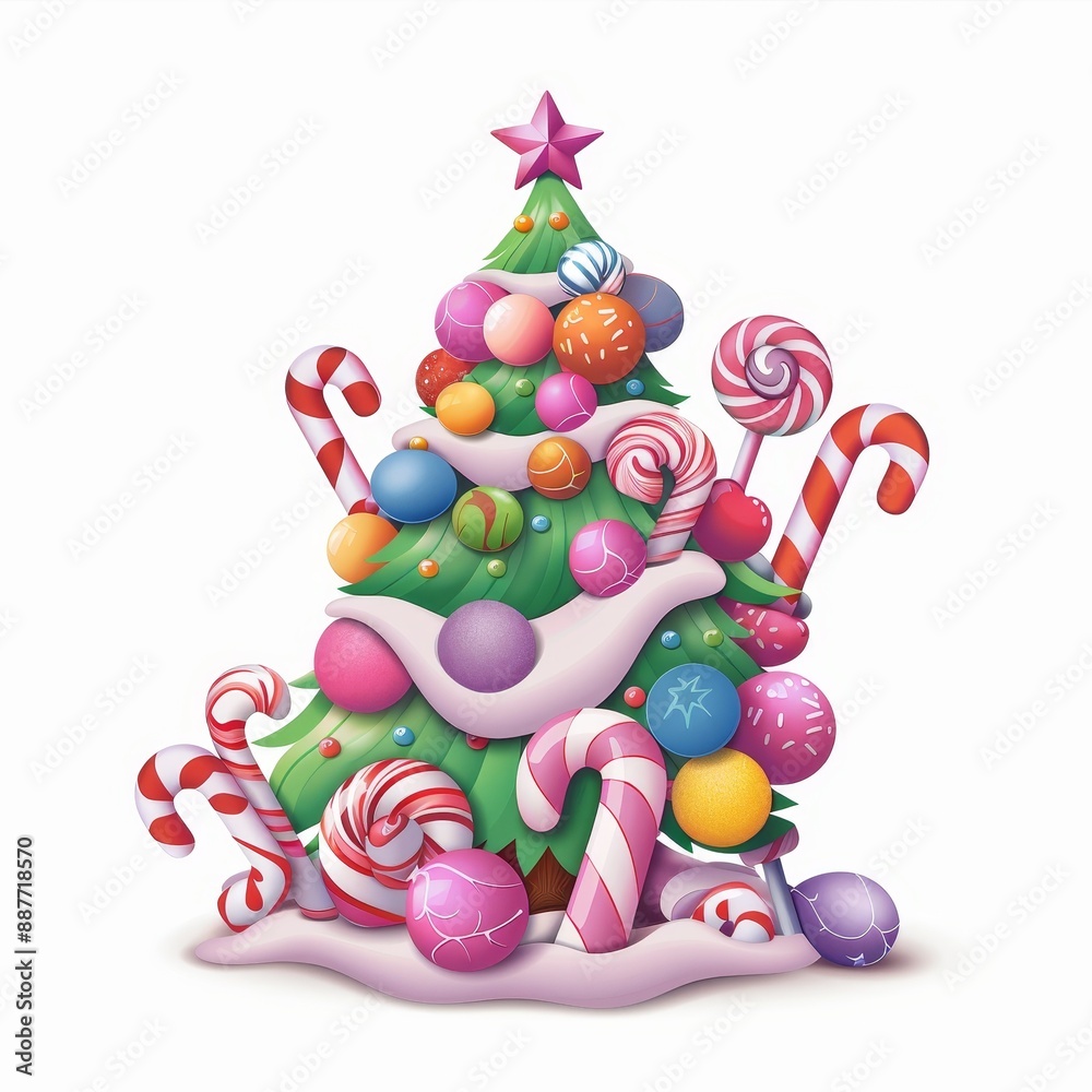 Naklejka premium A colorful Christmas tree with candy canes and candy balls