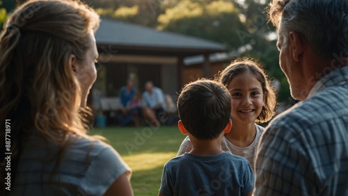 Smiling family spending quality time together in their backyard, capturing a joyful and loving moment in the evening sunlight.
