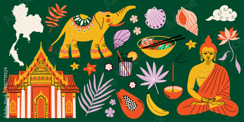 Thailand travel, tourism concept vector illustration set, Buddha, temple, map, incense, elephant, lotus, thai food, meal, cocktail, fruits, papaya exotic tropical leaves stickers elements collection