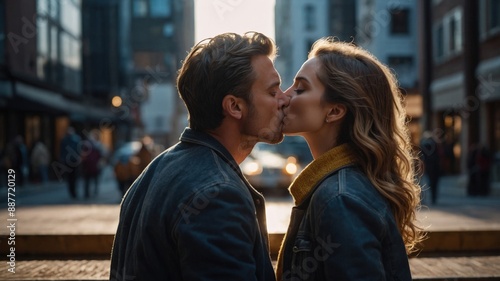 A couple shares a romantic kiss on a city street at sunset, with urban buildings and soft light creating a warm atmosphere. 