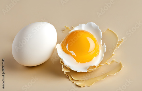 Egg yolk and egg shell isolated on a white background, detailed photo with an aesthetic color palette photo