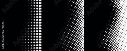 Set of white halftone wavy stripes. Design for poster, invitation, gift card, coupon, book cover. Half tone curve waves. Retro backgrounds. Vector illustration.