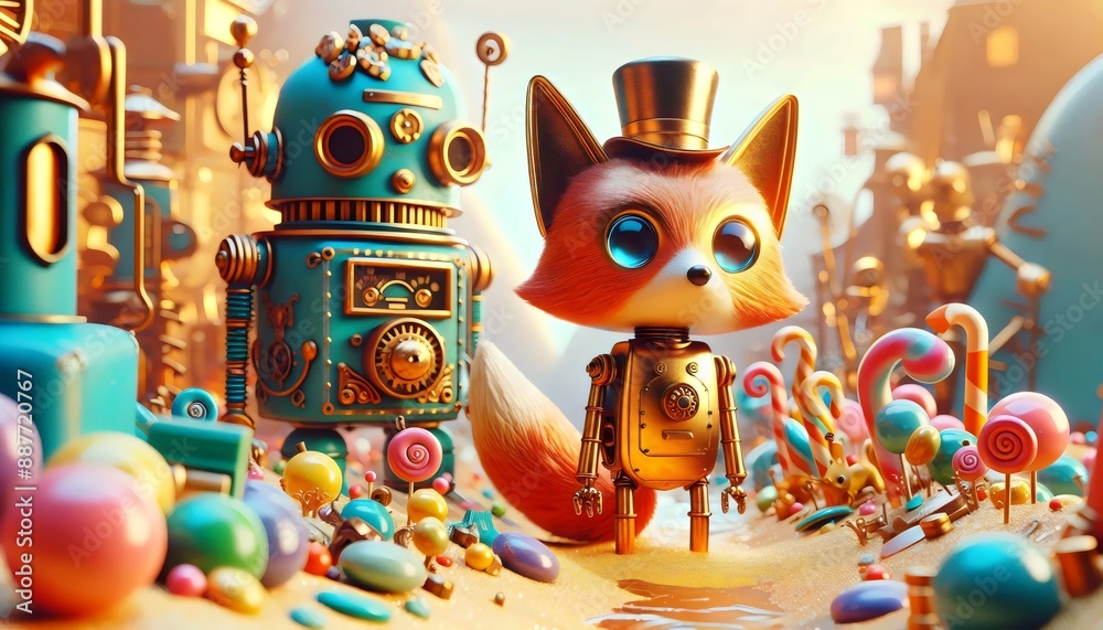 Fototapeta premium Robots Retro: Aventuras Mecánicas, Fotografía Hiperrealista, Ilustración 3D, personajes de hojalata
