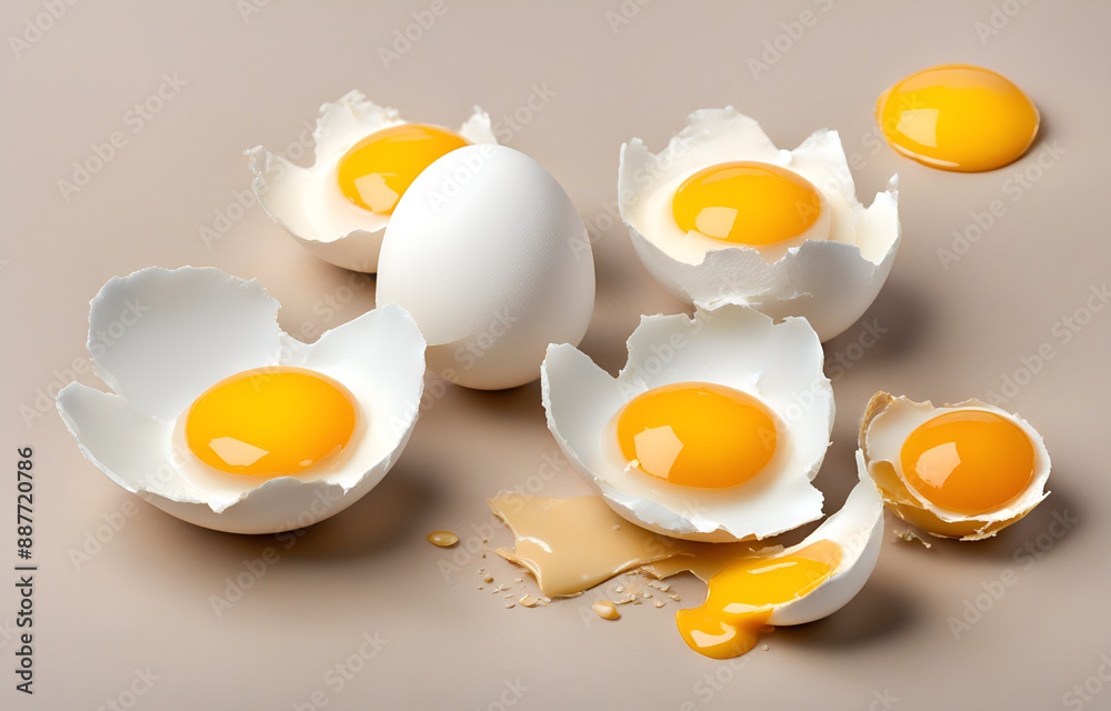 Egg yolk and egg shell isolated on a white background, detailed photo with an aesthetic color palette Egg yolk and egg shell isolated on a white background, detailed photo with an aesthetic color palette