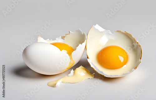 Egg yolk and egg shell isolated on a white background, detailed photo with an aesthetic color palette photo