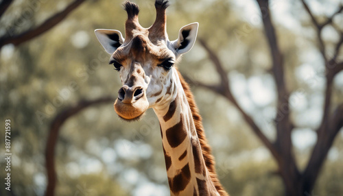 A giraffe feeding on treetops in the savanna, midday sun  © abu