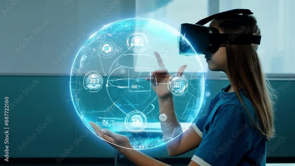 School student with VR headset using AI artificial intelligence technology learning AI blue hologram in education Interactive in classroom