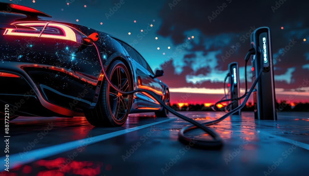 Obraz premium Electric vehicles lined up at a charging station, glowing under the starry night sky, a symbol of the future of transportation