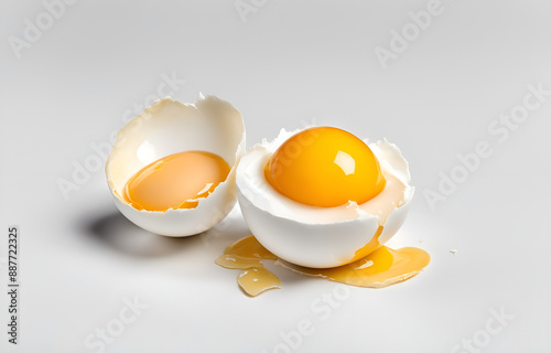 Egg yolk and egg shell isolated on a white background, detailed photo with an aesthetic color palette photo