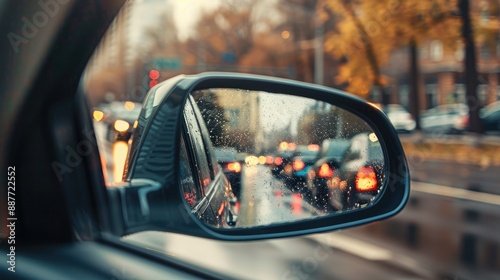 A rear view mirror of a car reflecting a city street with passing traffic and urban landscape.