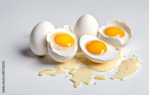 Egg yolk and egg shell isolated on a white background, detailed photo with an aesthetic color palette photo