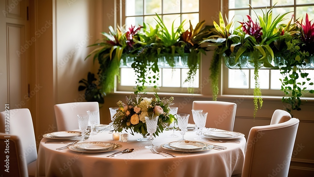 well-lit room with a beautifully set table and chairs