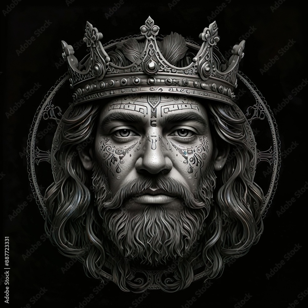 A detailed digital artwork of a bearded king with intricate facial tattoos
A detailed digital artwork of a bearded king with intricate facial tattoos
