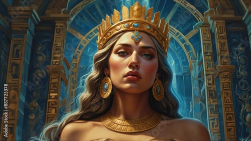 Hera is a powerful and beautiful goddess in Greek mythology. Her flowing robes shimmer with gold threads, and her gaze exudes authority and wisdom. Her crown is decorated with symbols of her divine