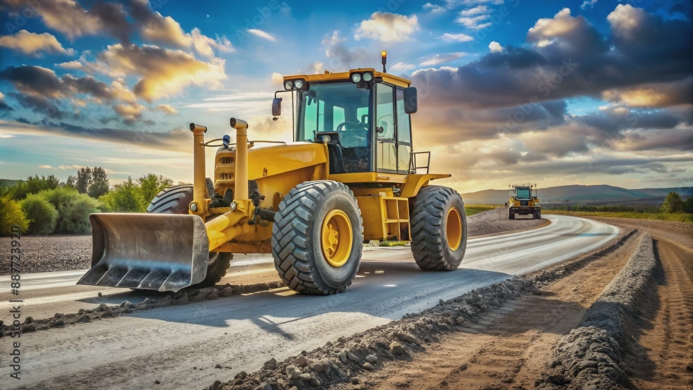 oad construction with motor grader road / yellow of modern grader oad construction with motor grader road / yellow of modern grader