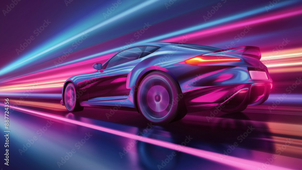 Futuristic Sports Car On Neon Highway. Powerful acceleration of a supercar on a night track with colorful lights and trails. 3d illustration Futuristic Sports Car On Neon Highway. Powerful acceleration of a supercar on a night track with colorful lights and trails. 3d illustration
