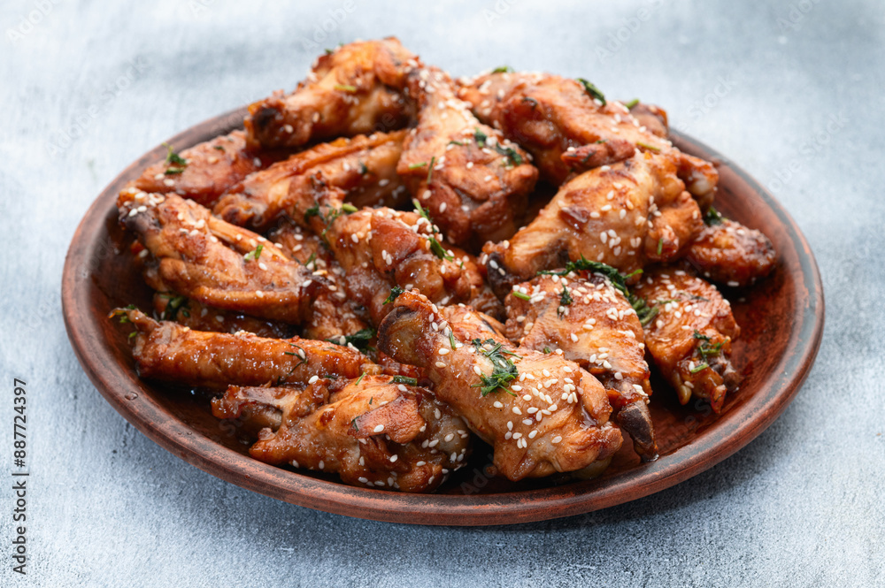 Caramelized in sause chicken wings . Bar-b-q food background photo Caramelized in sause chicken wings . Bar-b-q food background photo