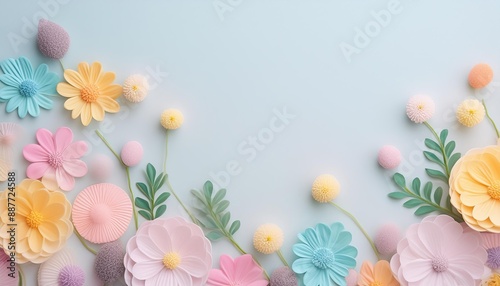 Pastel Flowers and Decoration - Cute Background with Soft Colored Flower Space for Copy, Beautiful and Pretty Wallpaper for Spring, Mother's Day, Woman's Day, Valentine's Day, Birthday, Party, Wedding © Eggy