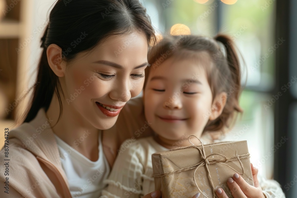 A close-up shot capturing the joyful moment of a mother receiving a thoughtful gift from her child on Mother's Day. The mother face lights up with happiness as she unwraps a beautifully wrapped A close-up shot capturing the joyful moment of a mother receiving a thoughtful gift from her child on Mother's Day. The mother face lights up with happiness as she unwraps a beautifully wrapped