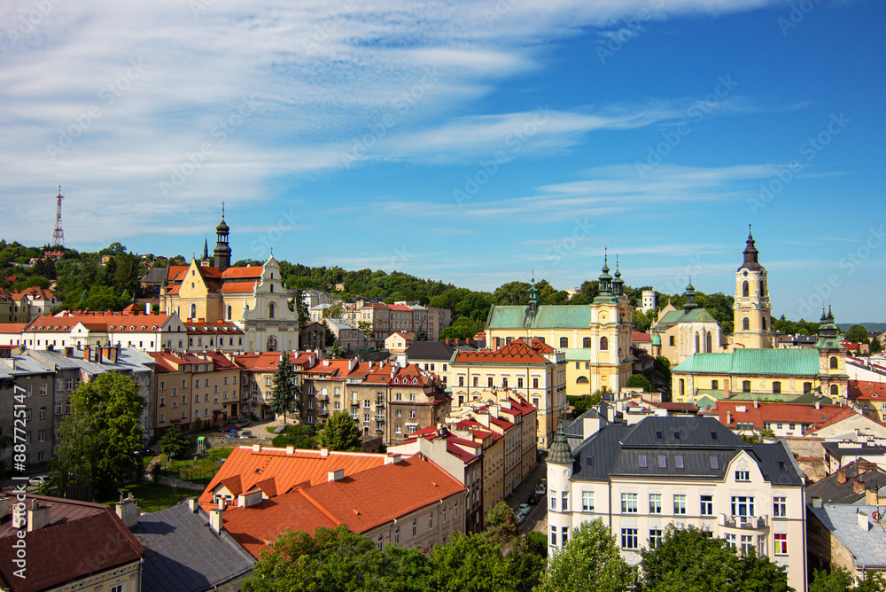 Obraz premium Baroque Carmelite Church and Monastery, Cathedral of St. John the Baptist, Cathedral Basilica of Przemysl and Przemyśl Castle as seen from the Clock Tower of Museum of Bells and Pipes, Poland