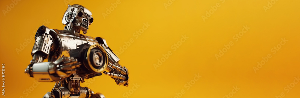 Robot, artificial intelligence, takes pictures with a camera, the concept of Photographer Day. AI generated. Robot, artificial intelligence, takes pictures with a camera, the concept of Photographer Day. AI generated.