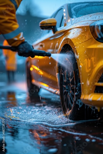 A person washing a yellow car with a pressure washer, creating a dynamic scene with water spray and reflections.