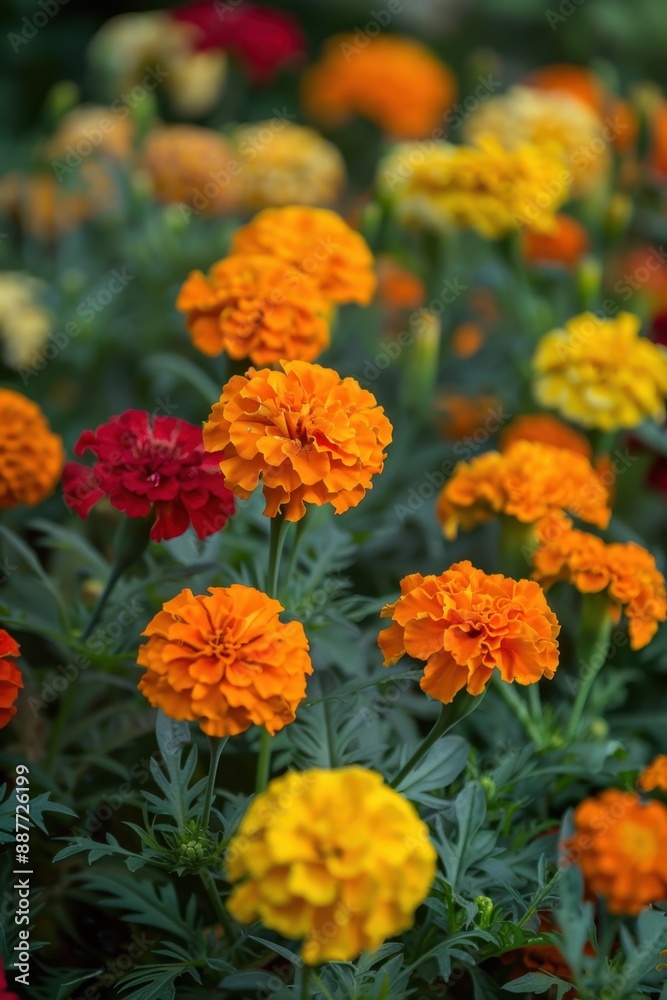 A garden filled with vibrant marigold flowers in full bloom, showcasing bright orange, yellow, and red hues. A garden filled with vibrant marigold flowers in full bloom, showcasing bright orange, yellow, and red hues.