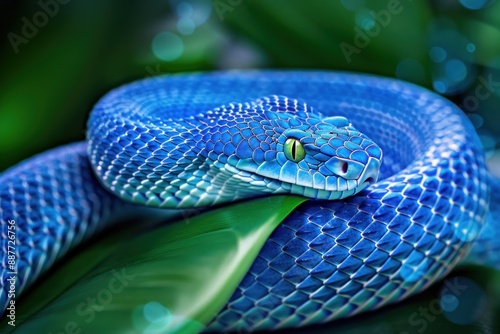 big snake, close-up of head and body, green leaves in background, macro photography, photo