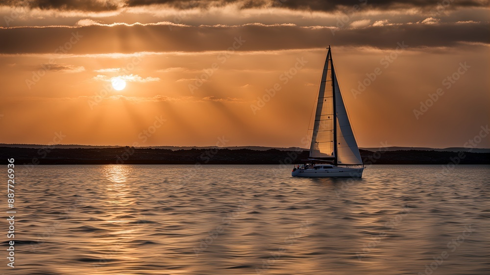 Calm sea, Sailboat sailing far away, Generative AI Calm sea, Sailboat sailing far away, Generative AI