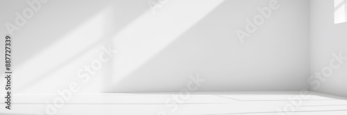 Bright sunlit empty space for design mockup, minimalist white interior with sunlight shadows, clean modern architecture background, spacious light blank room