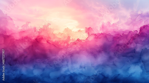 Vibrant abstract cloudscape with pink, purple, and blue hues blending seamlessly at sunrise, evoking a sense of tranquility and wonder.