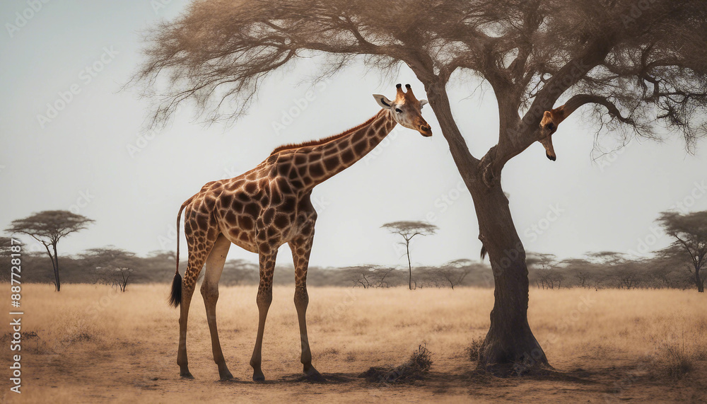 Obraz premium A giraffe feeding on treetops in the savanna, midday sun 